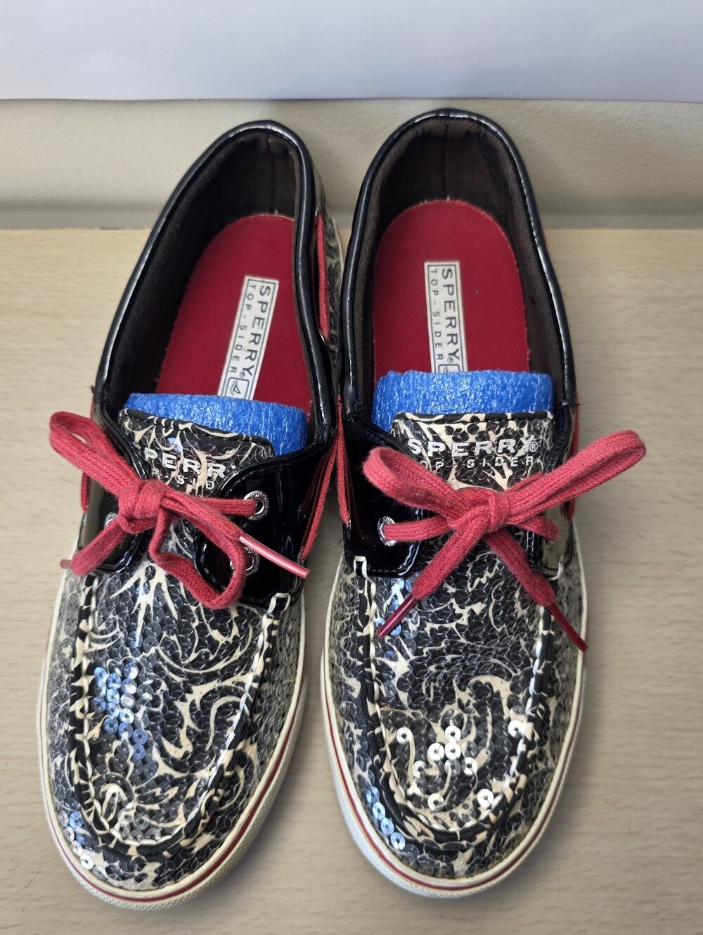 Sperry Black White Boat Shoes Red Laces Sequin Whimsical Y2K Glam Preppy 7